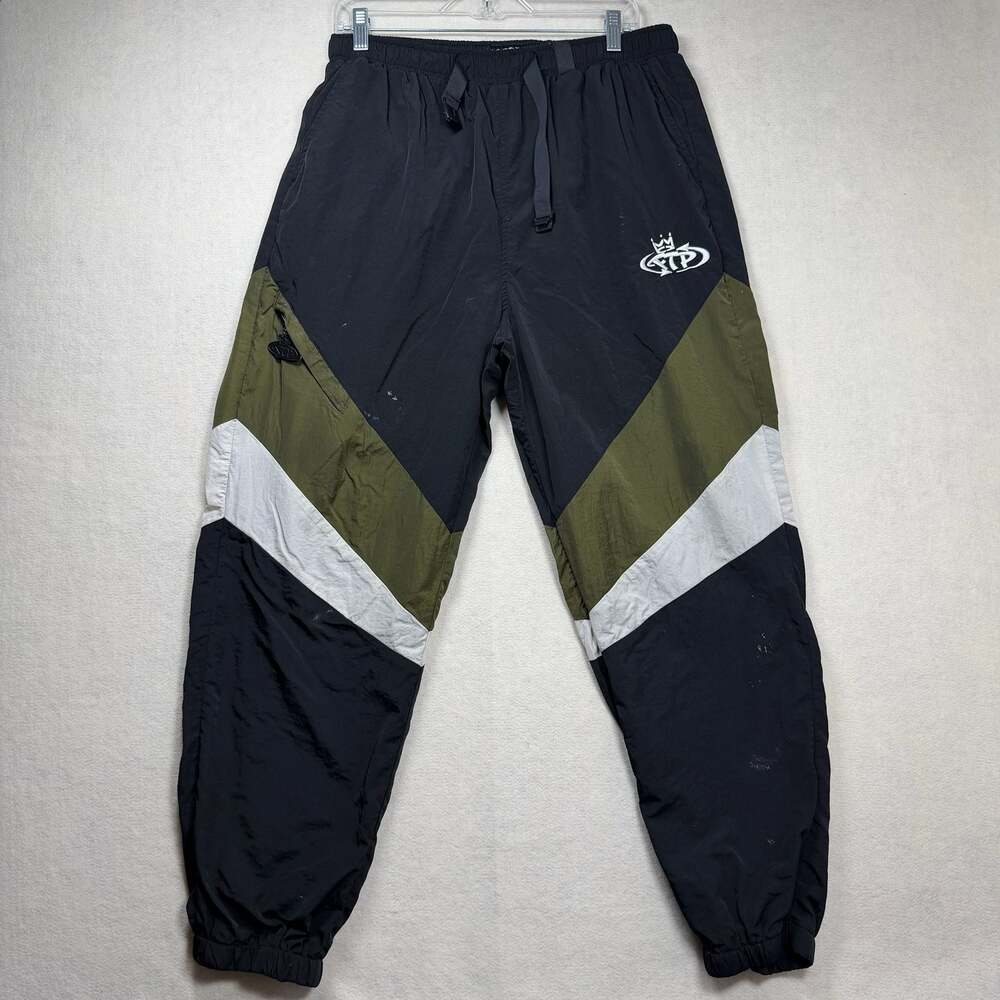 FTP Pants Mens Size XL Colorblock Nylon Warm-Up Black Olive White Nylon Flaws - Picture 10 of 14